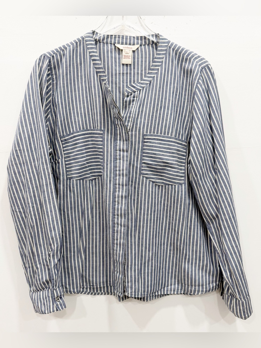 Sundance Chambray Stripe Tunic Top Button Front Tab Sleeve Cotton Large